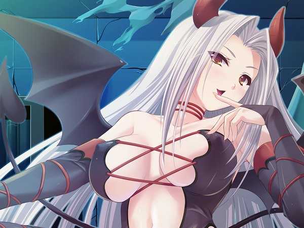 Anime picture 1200x900 with breasts light erotic blonde hair yellow eyes game cg white hair horn (horns) demon girl bat wings girl