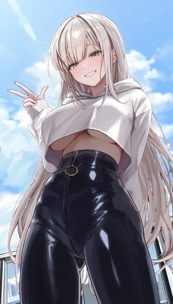 Anime picture 4000x7000 with original gwan-e single long hair tall image fringe highres breasts blue eyes light erotic smile standing absurdres sky silver hair cloud (clouds) outdoors blunt bangs long sleeves arm up