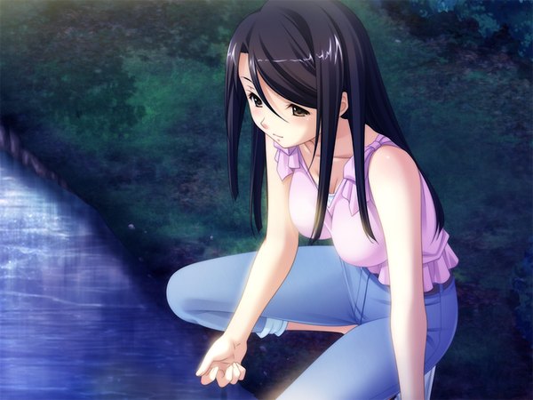 Anime picture 1024x768 with fluorite memories long hair black hair brown eyes game cg girl
