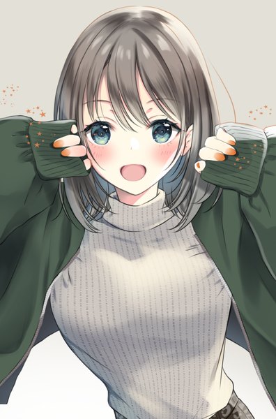 Anime picture 1000x1512 with original ueno tomo single tall image looking at viewer blush fringe short hair breasts open mouth blue eyes simple background smile hair between eyes upper body long sleeves nail polish :d fingernails grey hair