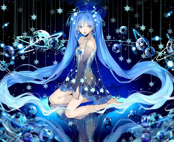 Anime picture 2674x2188 with vocaloid hatsune miku rrr (reason) single long hair looking at viewer highres blue eyes sitting twintails bare shoulders blue hair nail polish barefoot bare legs no shoes kneeling black background reflection girl