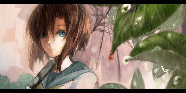 Anime picture 1000x503 with higurashi no naku koro ni studio deen ryuuguu rena paja (artist) single looking at viewer short hair blue eyes brown hair wide image wet rain wet clothes girl water leaf (leaves) blood umbrella