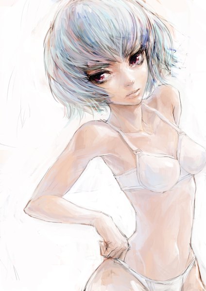 Anime picture 1183x1674 with neon genesis evangelion rebuild of evangelion evangelion: 2.0 you can (not) advance gainax ayanami rei igau single tall image short hair light erotic simple background red eyes white background blue hair hand on hip underwear only girl underwear