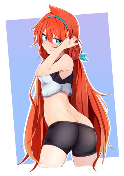 Anime picture 2149x3035 with original amano tora kazenoko single long hair tall image looking at viewer blush fringe highres light erotic simple background hair between eyes payot ass head tilt looking back aqua eyes from behind orange hair