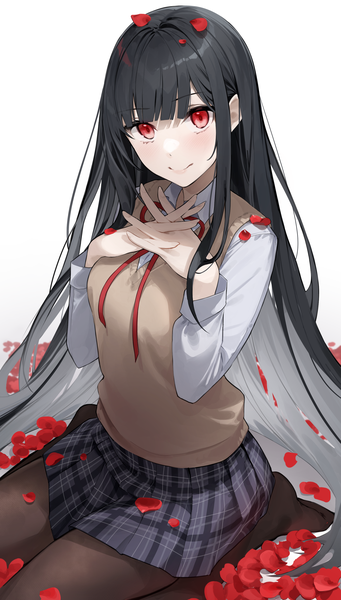 Anime picture 1848x3249 with original star741 single long hair tall image looking at viewer blush fringe highres black hair simple background smile red eyes white background sitting blunt bangs long sleeves pleated skirt multicolored hair no shoes