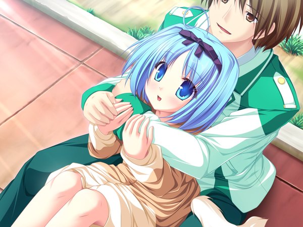 Anime picture 1600x1200 with magus tale whirlpool (studio) kujou yuuka amagase daiki tenmaso blush short hair open mouth blue eyes brown hair sitting brown eyes blue hair game cg ahoge tail animal tail hug looking up girl