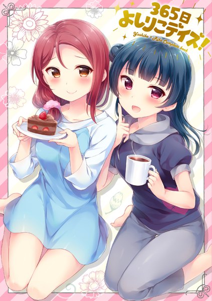 Anime picture 1200x1703 with love live! sunshine!! sunrise (studio) love live! sakurauchi riko tsushima yoshiko hazuki (sutasuta) long hair tall image looking at viewer blush open mouth smile sitting purple eyes multiple girls holding yellow eyes blue hair red hair barefoot