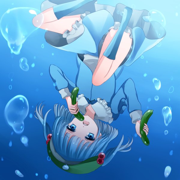 Anime picture 2000x2000 with touhou kawashiro nitori ame usako highres short hair open mouth blue eyes blue hair underwater upside down girl hat bubble (bubbles)