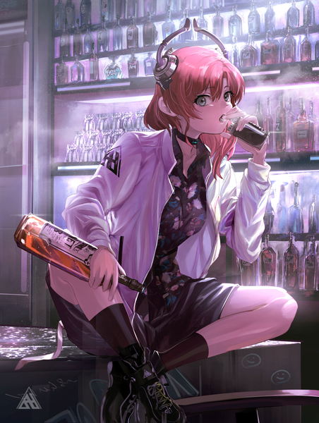 Anime picture 2894x3840 with original i-ron single long hair tall image looking at viewer fringe highres open mouth hair between eyes sitting holding pink hair indoors long sleeves open jacket grey eyes crossed legs floral print smoke