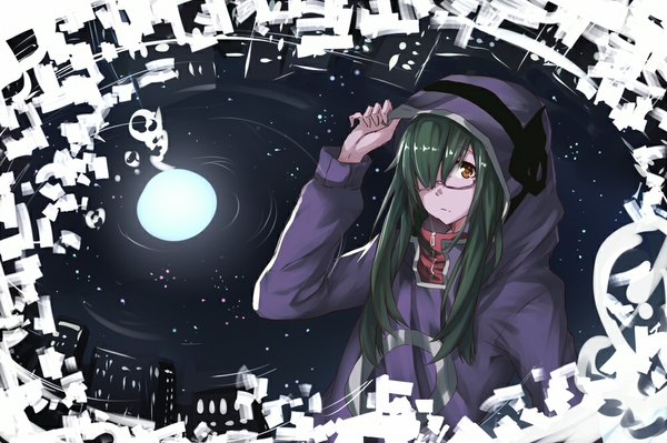 Anime picture 1000x666 with kagerou project shaft (studio) kido tsubomi echj single long hair looking at viewer fringe holding brown eyes looking away sky green hair hair over one eye night adjusting hood girl glasses jacket hood