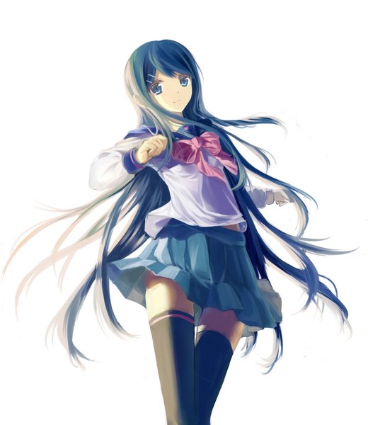 Anime picture 2047x2361 with dangan ronpa maizono sayaka clouble single long hair tall image looking at viewer fringe highres blue eyes simple background standing white background blue hair pleated skirt girl thighhighs skirt uniform hair ornament