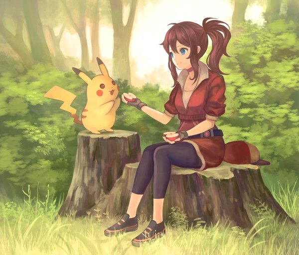 Anime picture 1031x880 with pokemon pokemon (game) pokemon go nintendo pikachu female protagonist (pokemon go) okakan long hair blush fringe blue eyes smile hair between eyes brown hair sitting holding full body ahoge outdoors ponytail