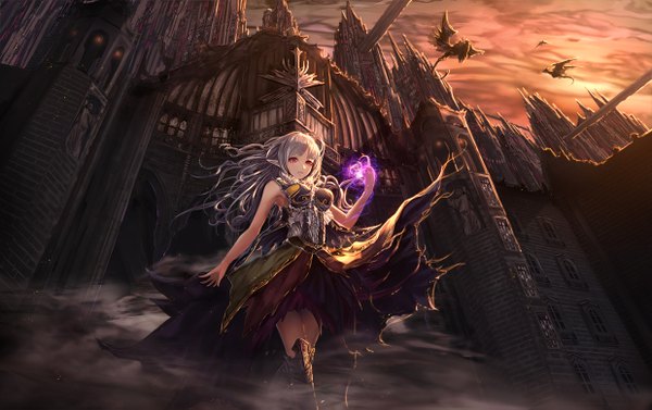 Anime picture 1238x779 with original jname single long hair red eyes standing looking away sky wind grey hair sunlight magic fantasy walking fog girl dress knee boots dragon castle