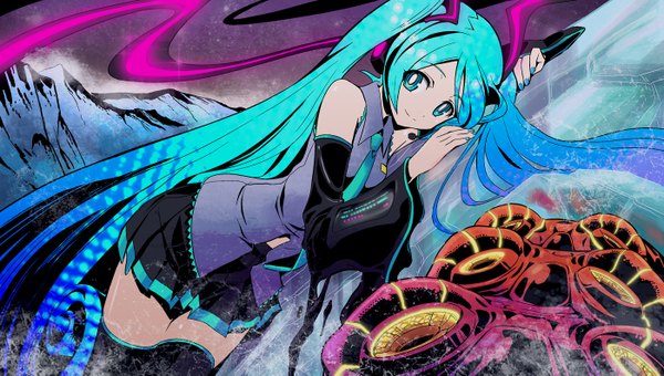 Anime picture 1400x795 with vocaloid hatsune miku maxgonta (artist) smile wide image twintails very long hair nail polish aqua eyes aqua hair girl skirt detached sleeves miniskirt necktie lovecraft
