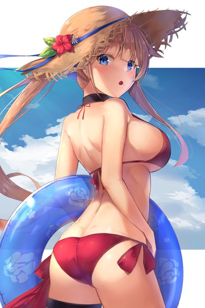 Anime picture 1100x1655 with girls frontline fal (girls frontline) motokonut single long hair tall image looking at viewer blush fringe breasts blue eyes light erotic hair between eyes brown hair large breasts standing twintails bare shoulders holding sky