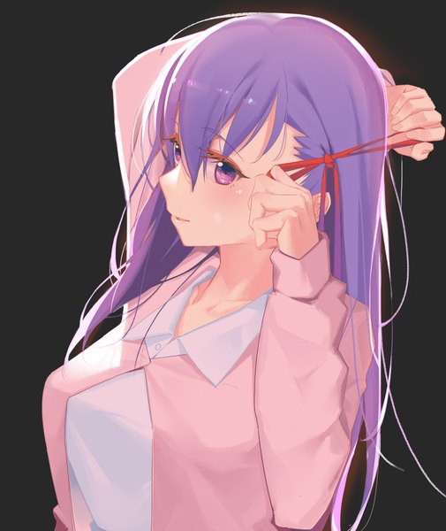 Anime picture 1683x2000 with fate (series) fate/stay night matou sakura bbsucg single long hair tall image blush fringe simple background smile hair between eyes purple eyes looking away purple hair upper body long sleeves parted lips grey background tying
