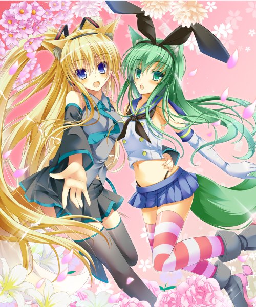 Anime picture 1000x1200 with kantai collection original vocaloid takataka long hair tall image looking at viewer blush open mouth blue eyes blonde hair bare shoulders multiple girls green eyes animal ears tail animal tail green hair cosplay kemonomimi mode