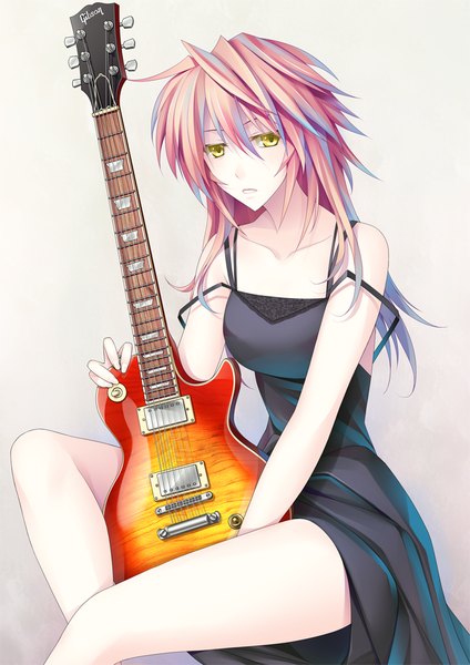 Anime picture 716x1012 with original 440 single long hair tall image looking at viewer simple background white background bare shoulders yellow eyes pink hair girl dress guitar bass guitar