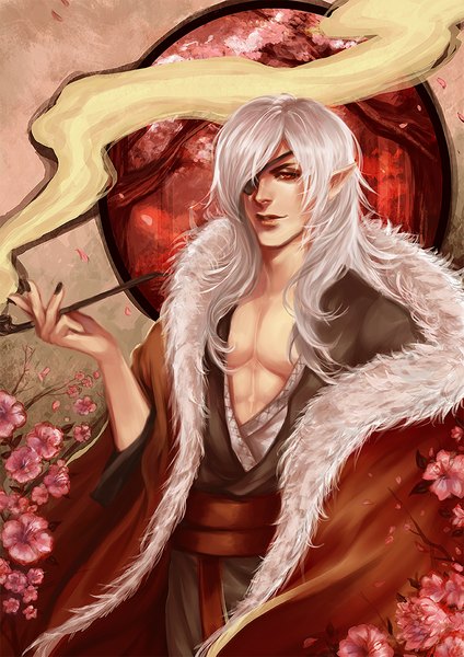 Anime picture 848x1200 with original antique-teacup single long hair tall image looking at viewer fringe red eyes silver hair nail polish traditional clothes pointy ears hair over one eye smoke boy flower (flowers) petals fur eyepatch pipe