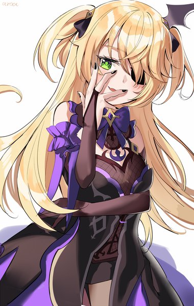 Anime picture 633x1000 with genshin impact fischl (genshin impact) aroa (aroamoyasi) single long hair tall image looking at viewer fringe simple background blonde hair white background green eyes signed nail polish hair over one eye two side up black nail polish girl eyepatch bridal gauntlets