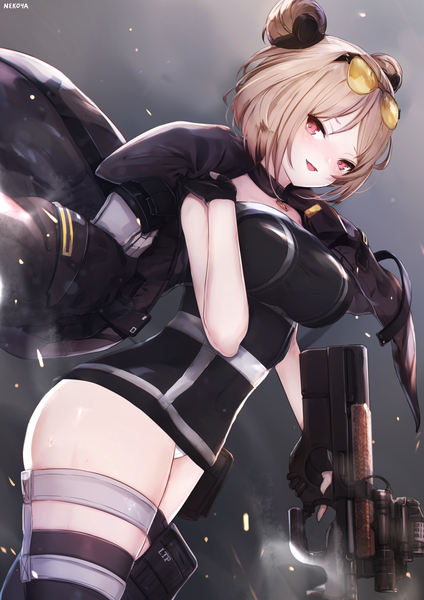 Anime picture 1158x1638 with girls frontline p90 (girls frontline) nekoya (liu) single tall image looking at viewer blush fringe short hair breasts open mouth light erotic simple background smile red eyes brown hair large breasts standing holding signed