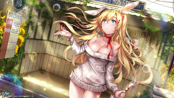 Anime picture 1920x1080 with original kyjsogom single long hair blush fringe highres breasts light erotic blonde hair hair between eyes wide image large breasts standing bare shoulders holding signed animal ears cleavage hair flower