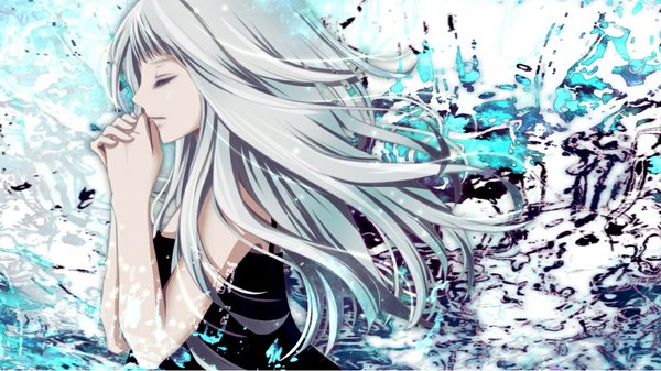 Anime picture 1100x619 with original aonoe single long hair wide image eyes closed profile grey hair girl dress