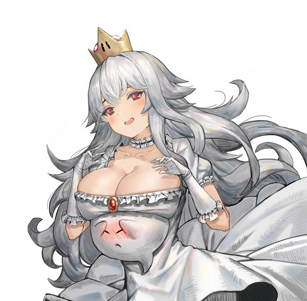 Anime picture 4494x4415 with super mario bros. new super mario bros. u deluxe princess king boo boo (mario) chobbb single long hair blush highres breasts open mouth light erotic simple background red eyes large breasts white background looking away absurdres cleavage :d