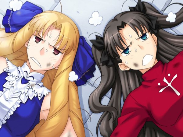 Anime picture 1024x768 with fate (series) fate/stay night fate/unlimited codes studio deen type-moon toosaka rin luviagelita edelfelt higurashi ryuuji black hair angry resizing artifacts