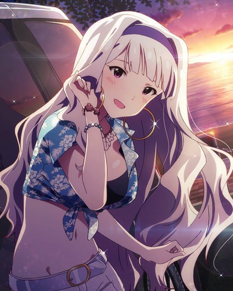 Anime picture 640x800 with idolmaster shijou takane single long hair tall image blush fringe breasts open mouth smile large breasts silver hair cloud (clouds) upper body head tilt pink eyes sunlight night official art bare belly