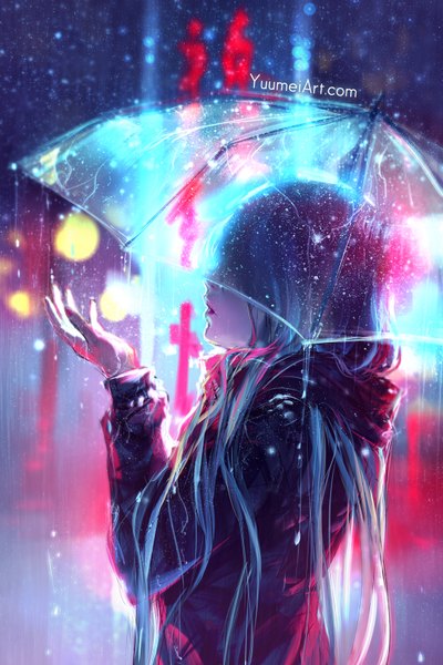 Anime picture 1080x1620 with original yuumei single long hair tall image standing looking away silver hair upper body outdoors nail polish arm up blurry watermark rain transparent umbrella girl jacket hood umbrella