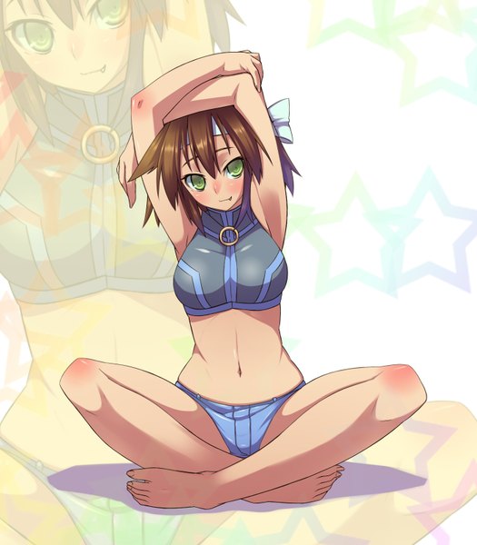 Anime picture 1400x1600 with lucky star kyoto animation kusakabe misao akutsu (artist) single tall image short hair brown hair sitting green eyes teeth armpit (armpits) fang (fangs) zoom layer indian style girl shorts