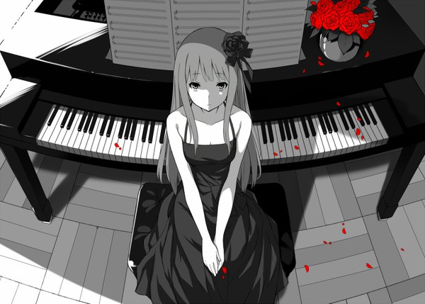 Anime picture 1500x1073 with original mogumo single long hair looking at viewer sitting hair flower from above monochrome spot color girl dress hair ornament flower (flowers) petals black dress rose (roses) musical note piano keys