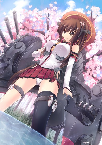 Anime picture 1280x1810 with kantai collection yamato super battleship srwsrx (gp03dsrx) single long hair tall image light erotic smile brown hair brown eyes ponytail pantyshot cherry blossoms girl thighhighs skirt underwear panties weapon plant (plants)