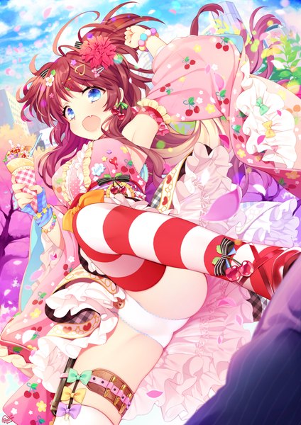 Anime picture 707x1000 with original byulzzimon single long hair tall image open mouth blue eyes light erotic brown hair cherry blossoms girl thighhighs dress hair ornament underwear panties plant (plants) detached sleeves tree (trees) striped thighhighs