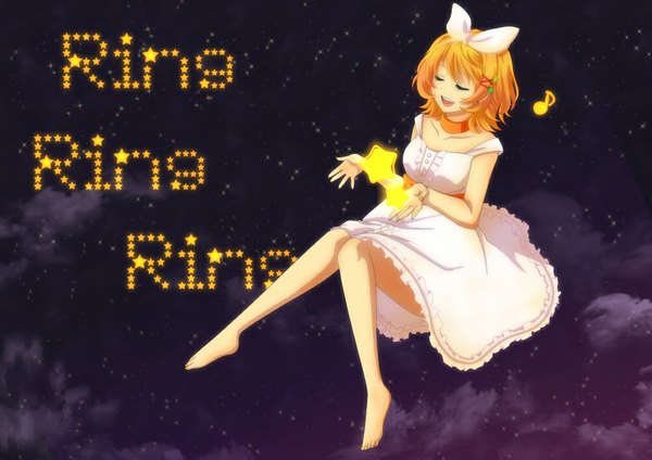 Anime picture 1000x708 with vocaloid kagamine rin hoshi ume short hair blonde hair eyes closed barefoot legs girl dress bow hair bow star (symbol) star (stars) musical note