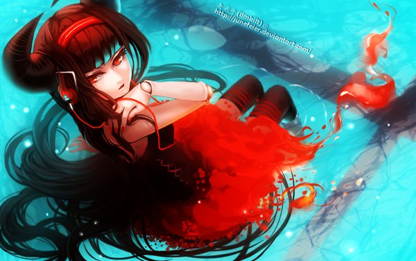 Anime picture 2100x1322 with original ilmkilt (junefeier) single highres red eyes brown hair very long hair nail polish looking back horn (horns) doll joints girl thighhighs dress black thighhighs water hairband headphones fire wire (wires)