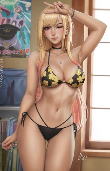 Anime picture 1931x3000 with sono bisque doll wa koi wo suru cloverworks kitagawa marin black lobelia sciamano240 single long hair tall image looking at viewer fringe highres breasts light erotic blonde hair smile large breasts standing signed cleavage indoors
