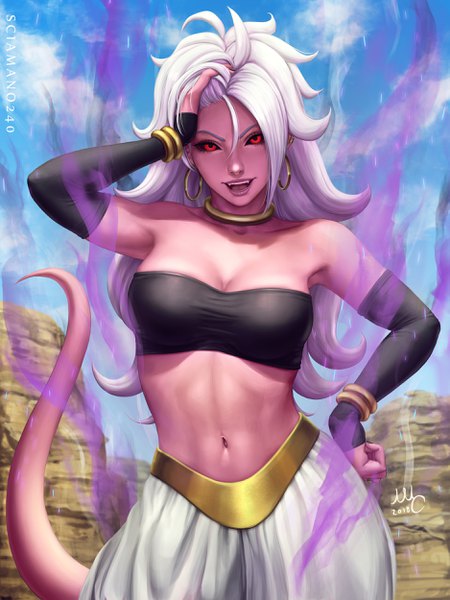 Anime picture 1875x2500 with dragon ball dragon ball fighterz android 21 sciamano240 single long hair tall image looking at viewer fringe highres breasts open mouth light erotic hair between eyes red eyes large breasts standing signed sky cloud (clouds)
