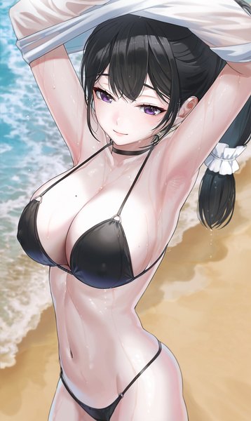 Anime picture 763x1280 with original kfr single long hair tall image fringe breasts light erotic black hair large breasts standing purple eyes looking away outdoors light smile mole arms up armpit (armpits) beach undressing