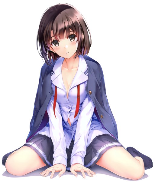 Anime picture 7700x9000 with saenai heroine no sodatekata a-1 pictures katou megumi misaki kurehito single tall image looking at viewer blush highres short hair breasts light erotic simple background brown hair white background sitting brown eyes absurdres cleavage full body