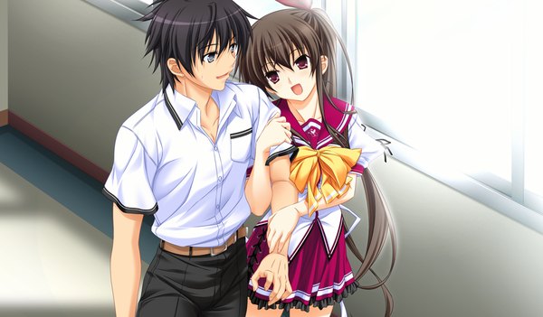 Anime picture 1024x600 with sora to kumo to kimi no koi long hair short hair open mouth black hair red eyes wide image game cg ponytail girl boy uniform school uniform