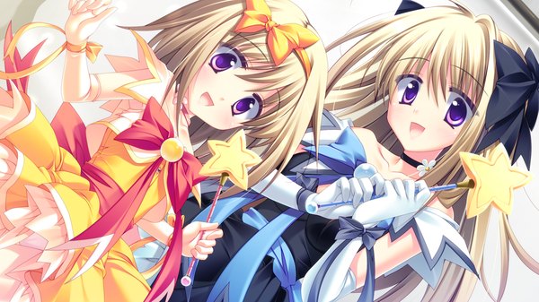 Anime picture 1024x576 with strawberry nauts suzunae houmi long hair looking at viewer blush short hair open mouth blonde hair wide image purple eyes bare shoulders multiple girls holding game cg loli magical girl girl dress gloves bow