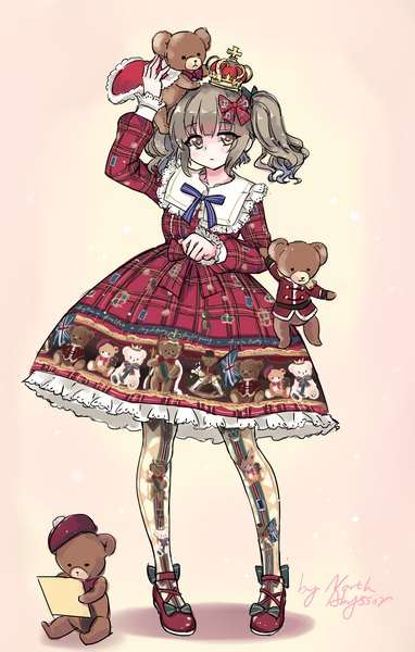 Anime picture 1493x2346 with original north abyssor single tall image short hair brown hair standing twintails brown eyes signed full body long sleeves arm up pink background lolita fashion sweet lolita girl dress pantyhose toy