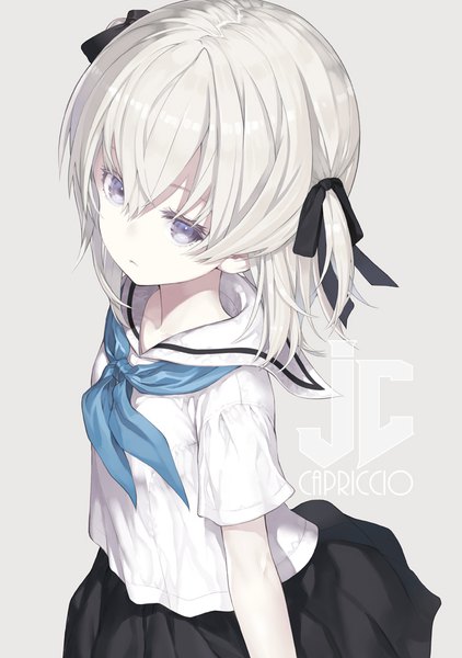 Anime picture 703x1000 with original capriccio single long hair tall image looking at viewer fringe simple background hair between eyes purple eyes signed silver hair upper body pleated skirt from above grey background short sleeves two side up expressionless logo