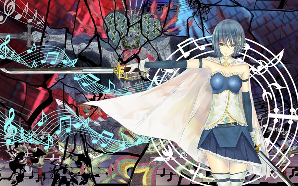 Anime picture 1654x1033 with mahou shoujo madoka magica shaft (studio) miki sayaka inneanis single looking at viewer short hair blue eyes wide image blue hair girl dress gloves hair ornament weapon sword elbow gloves musical note