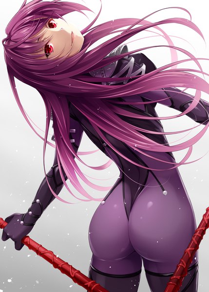 Anime picture 1296x1812 with fate (series) fate/grand order scathach (fate) (all) scathach (fate) mukunokino isshiki single long hair tall image looking at viewer light erotic simple background smile red eyes holding purple hair ahoge ass parted lips head tilt looking back