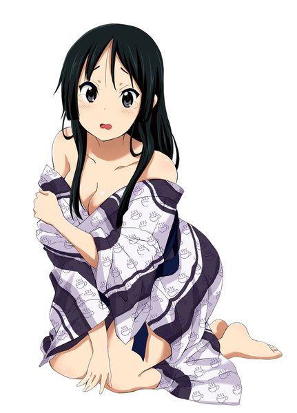 Anime picture 1200x1669 with k-on! kyoto animation akiyama mio ragho no erika single long hair tall image looking at viewer blush breasts open mouth light erotic black hair simple background large breasts white background sitting bare shoulders traditional clothes japanese clothes