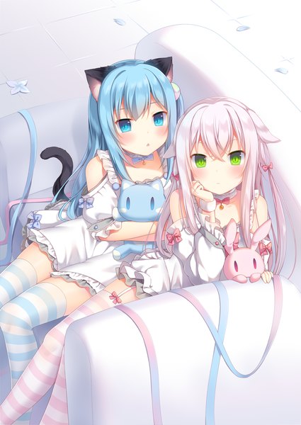 Anime picture 1300x1833 with original nekoha shizuku nachi long hair tall image looking at viewer blush fringe open mouth blue eyes hair between eyes sitting multiple girls green eyes animal ears blue hair silver hair tail animal tail cat ears