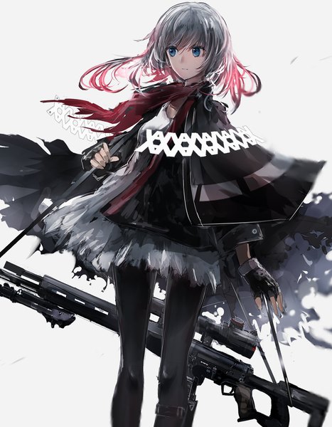 Anime picture 1583x2034 with original swav single long hair tall image fringe blue eyes simple background standing holding looking away red hair grey hair grey background gradient hair girl dress gloves weapon pantyhose